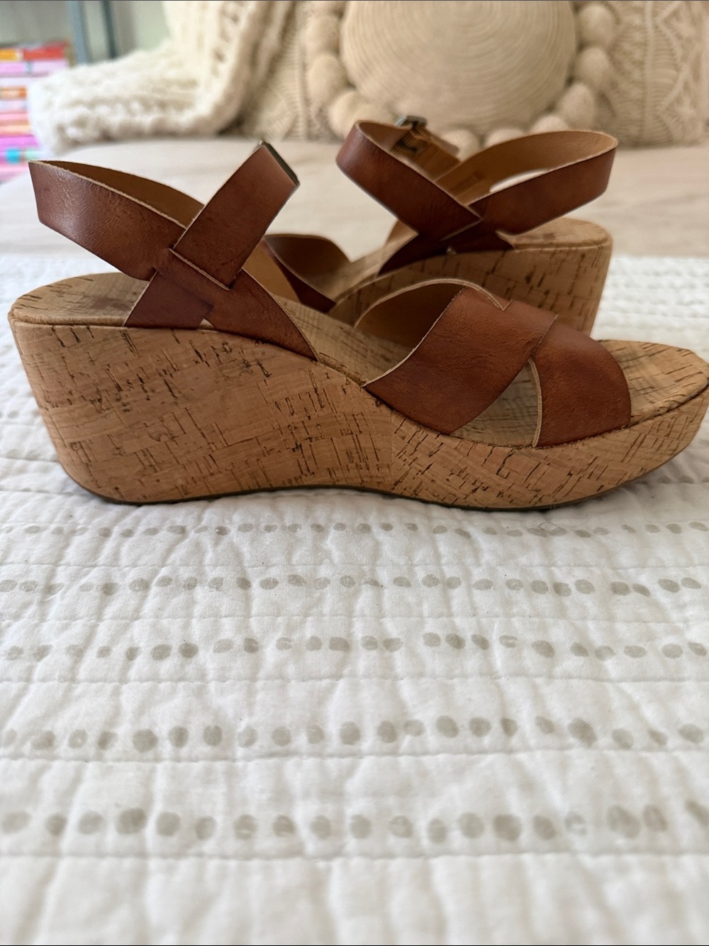 Korks Brown Leather Cork Wedge Sandals - Women's